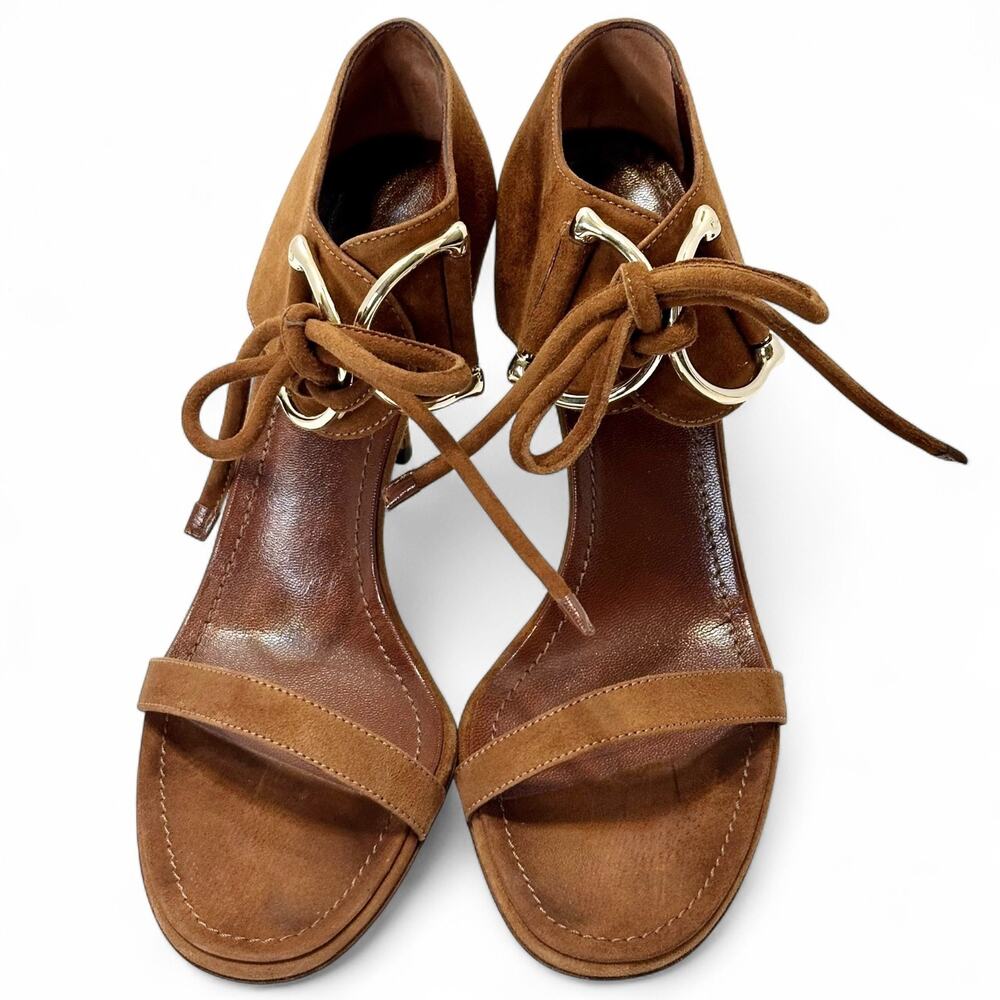 Gucci Vintage Y2K Horsebit Suede Sandals Lace Up Stiletto Heels Cognac Brown 7.5 - Picture 3 of 13